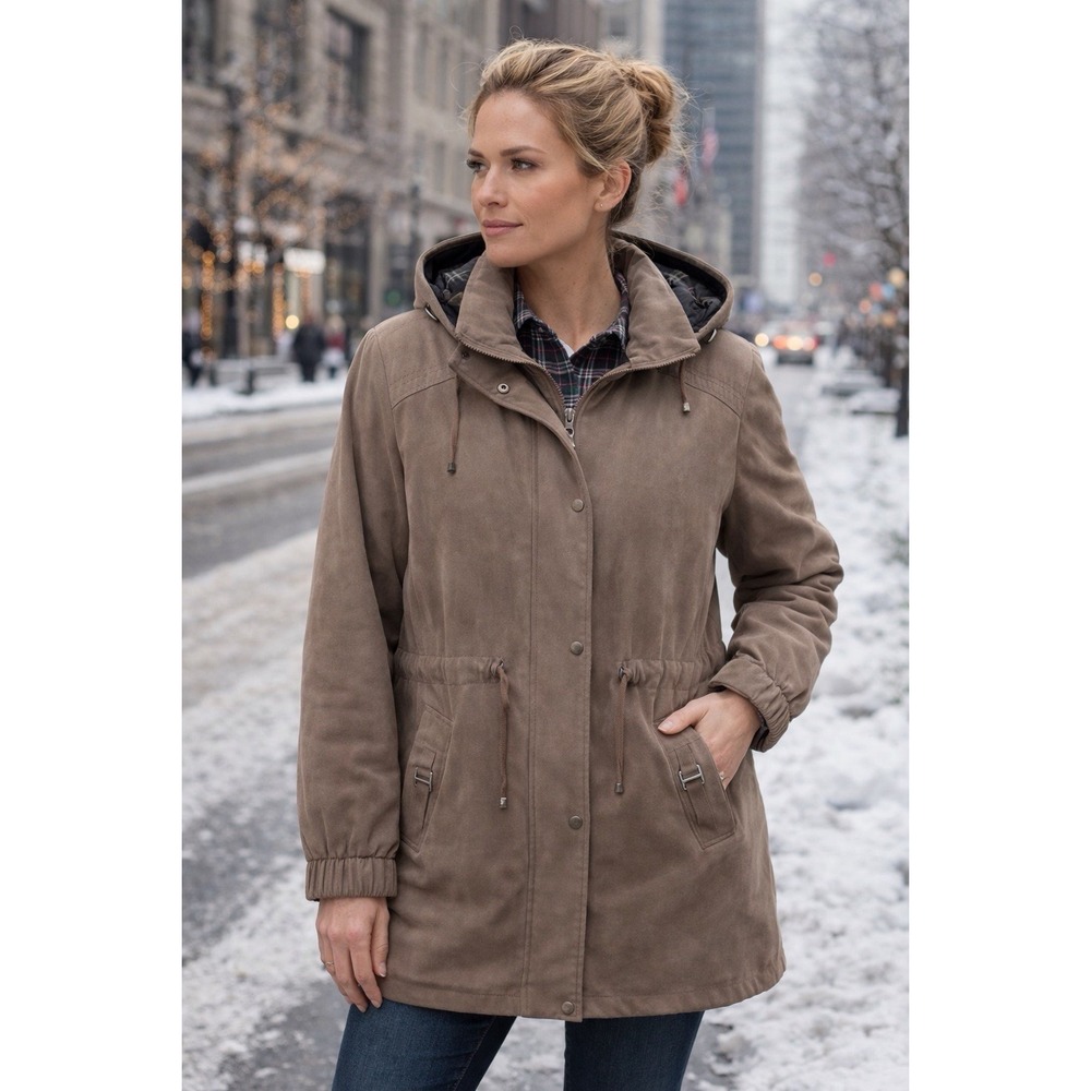 Croft & Barrow Womens XL Suede Parka Jacket Removable Hood Plaid Liner Coat